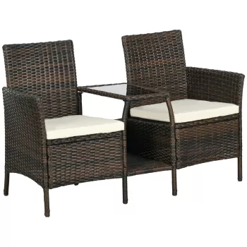 Outsunny Scaun pentru 2 persoane din ratan tip rachita cu masuta de ceai, Canapea pentru 2 persoane pentru exterior cu perne capitonate si sticla securizata pentru gradina, veranda, piscina, maro imagine