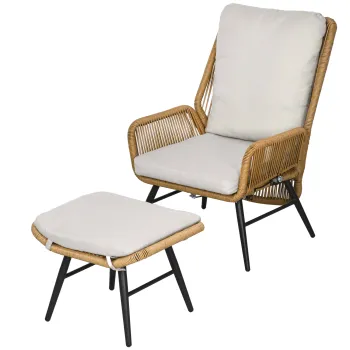 Outsunny Scaun si suport pentru picioare din poliratan, spatar reglabil, Lemn natural/Gri/Negru | Aosom Romania imagine