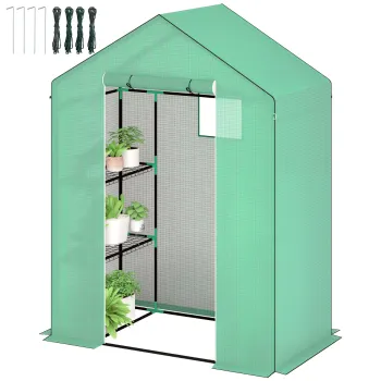 Outsunny Sera cu rafturi, Mini-sera, rezistenta la UV, fereastra de plasa, usa cu fermoar, 143L x 74W x 190H cm, Verde | Aosom Romania imagine