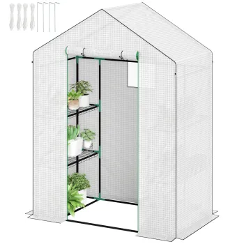 Outsunny Sera de gradina cu 1 usa 1 fereastra rafturi 3 niveluri pentru Legume Plante Flori Panza PE 143 x 74 x 190 cm alb | Aosom Romania imagine