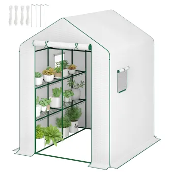 Outsunny Sera de gradina cu 1 usa 2 ferestre rafturi 3 nivele pentru Legume Plante Flori Panza PE 140 x 143 x 190 cm alb | Aosom Romania imagine