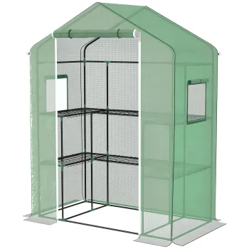 Outsunny Sera de gradina cu 1 usa, 2 ferestre si 2 rafturi in forma de U pentru Legume Plante Flori Husa PE 140x73x190 cm | Aosom Romania imagine