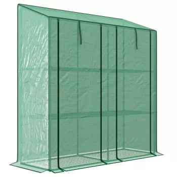 Outsunny Sera de Gradina cu Copertina din PE si 6 Rafturi de Plasa, Sera Inclinata de Balcon cu 2 Usi care Se Ruleaza, 143x46x151cm, Verde imagine