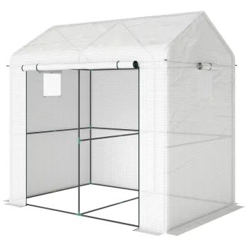 Outsunny Sera de gradina PE, sera pentru balcon, husa intarita 135 g/m2, cadru din otel, usa cu fermoar, 200 x 140 x 200 cm, alb | Aosom Romania imagine