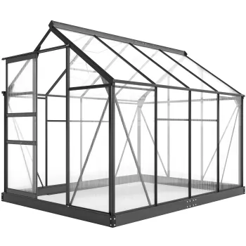 Outsunny Sera de Gradina, Sera din Policarbonat si Aluminiu cu Usa Culisanta, Ventilatie pe Acoperis si Jgheab, 190x192x201 cm, Gri | Aosom Romania imagine