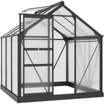 Outsunny Sera de Gradina, Sera din Policarbonat si Aluminiu cu Usa Culisanta, Ventilatie pe Acoperis si Jgheab, 190x192x201 cm, Gri imagine