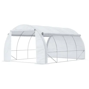 Outsunny Sera de gradina sera tunel 12 m2 cu usa, pereti laterali rulabili, 8 ferestre din otel PE 4 x 3 x 2 m alb | Aosom Romania imagine