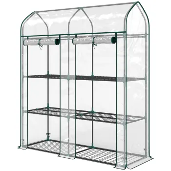 Outsunny Sera mica cu 3 niveluri, 2 usi rulou, cadru din otel, husa din plastic, 143x46x165 cm, transparent | Aosom Romania imagine