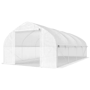 Outsunny Sera tip tunel 6x3x2 m cu Anti-UV si Usa rulou cu fermoar Pereti laterali cu plasa Alb | Aosom Romania imagine