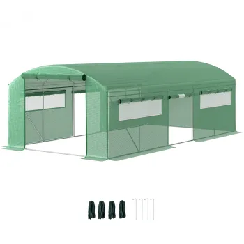 Outsunny Sera Tunel cu 3 Usi Rulante, 6 Ferestre, Tarusi si Franghii, Sera de Gradina din Otel Galvanizat, 6x3x2 m, Verde | Aosom Romania imagine