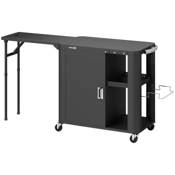 Outsunny Servanta de gradina carucior de gratar pe roti cu masa laterala pliabila dulap rafturi 166 x 54 x 88 cm negru | Aosom Romania imagine
