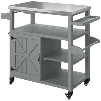 Outsunny Servanta de gradina carut pentru gratar pe roti cu blat din otel inoxidabil 107x49,5x92,5cm gri | Aosom Romania imagine