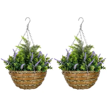 Outsunny Set 2 Plante Artificiale de Lavanda cu Ghiveci si Carlig, O25x34 cm, Verde si Violet | Aosom Romania imagine