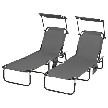 Outsunny Set 2 sezlonguri pliante cu parasolar, spatar reglabil in 5 trepte, Gri inchis | Aosom Romania imagine