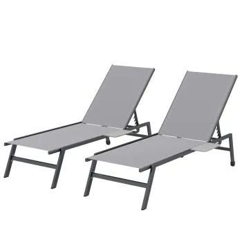 Outsunny Set 2 Sezlonguri Reglabile in 5 Pozitii cu Masuta Laterala si 2 Roti, din Metal si Poliester, Gri | Aosom Romania imagine