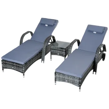 Outsunny Set 2 Sezlonguri si 1 Masuta de Gradina in Poli ratan Gri cu Saltea Captusita si Roti | Aosom Romania imagine