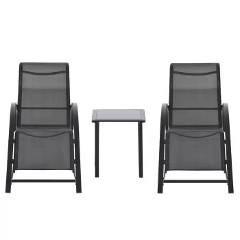 Outsunny Set 2 sezlonguri si masuta cu blat din sticla, sezlong pentru gradina din material respirabil si metal, 59x169x66 cm, negru imagine