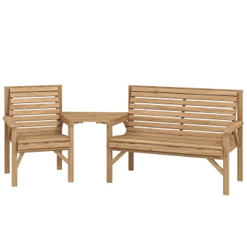 Outsunny Set 3 scaune de gradina, mobilier balcon cu orificiu pentru umbrela, scaun de gradina, banca, masa detasabila 121x65x90 cm Lemn natural | Aosom Romania imagine