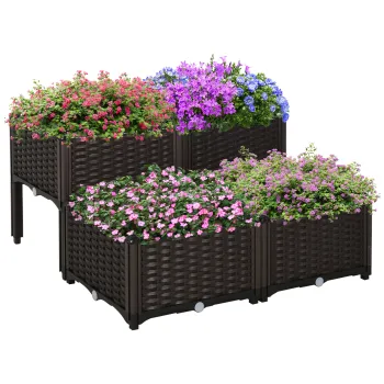 Outsunny Set 4 Ghivece Decorative din Rattan, Rezistente la UV si Apa, Polipropilena, Maro, 40x40x44 cm | Aosom Romania imagine