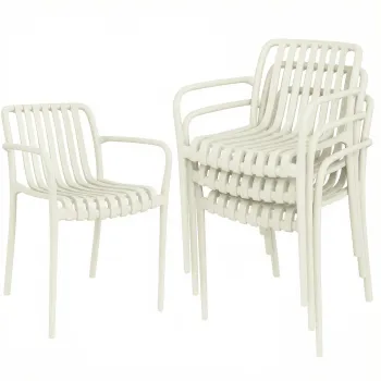Outsunny Set 4 scaune de gradina stivabile, scaune de terasa cu design in lamele si cotiere, ergonomice, alb crem | Aosom Romania imagine
