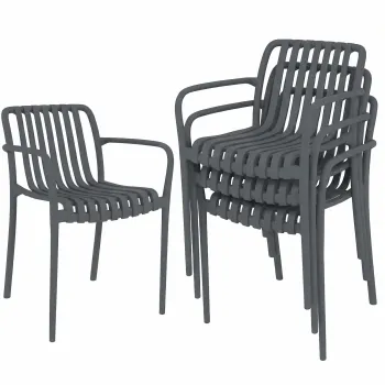Outsunny Set 4 scaune pentru gradina Scaune stivuibile pentru terasa cu design cu lamele si cotiere, ergonomice Gri inchis | Aosom Romania imagine