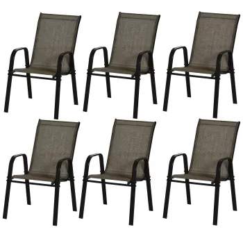 Outsunny Set 6 Piese Scaune de Gradina cu Cotiere, Scaune de Exterior Stivuibile din Metal si Tesatura Respirabila, Maro imagine