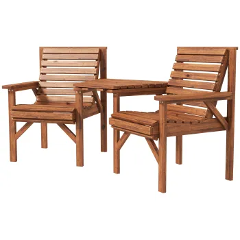 Outsunny Set bistro 3 piese din lemn rezistent la intemperii, set mobilier gradina cu design lamelar si orificiu pentru umbrela, Carbonizat | Aosom Romania imagine