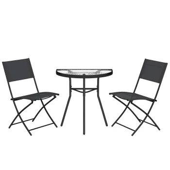 Outsunny Set bistro de exterior, mobilier de terasa 3 piese cu scaune pliante, masa din sticla semicirculara, negru | Aosom Romania imagine