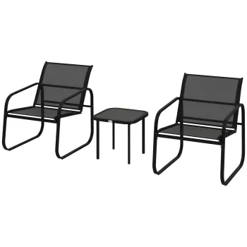 Outsunny Set bistro de gradina 3 piese cu 2 scaune din plasa si masa de cafea din sticla securizata, negru | Aosom Romania imagine