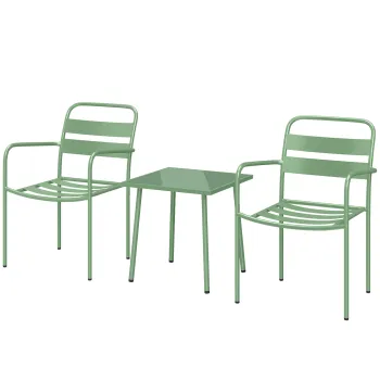 Outsunny Set bistro de gradina 3 piese - masa cu blat din sticla securizata si 2 scaune cu sipci, cadru din otel galvanizat, verde | Aosom Romania imagine
