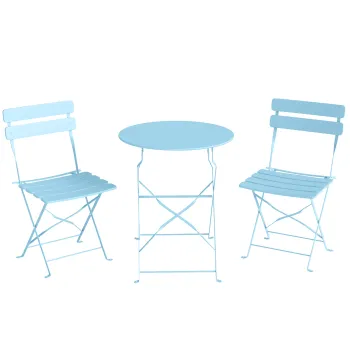 Outsunny Set bistro de gradina pliabil 3 piese, masa bistro cu 2 scaune, sezut cu lamele, picioare duble in X, albastru deschis | Aosom Romania imagine