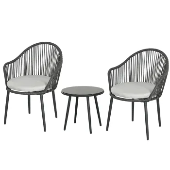 Outsunny Set Bistro de Terasa cu 3 Piese cu Perne pentru Sezut, Set de Mobilier din Rachita cu 2 Fotolii si Masa de Sticla pentru Gradina, Balcon imagine