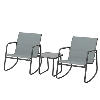 Outsunny Set Bistro din 3 Piese, Set de Gradina cu 2 Scaune de Exterior cu Miscare de Leganare din Textilena Respirabila, Masa cu Blat din Sticla, Set Masa si Scaune din Otel pentru Terasa si Balcon, Gri | Aosom Romania imagine