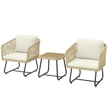 Outsunny Set bistro din ratan 3 piese FSC set mobilier de gradina cu 2 fotolii, masa din lemn cu lamele, perne groase lavabile, cadru din otel | Aosom Romania imagine