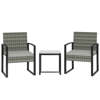 Outsunny Set bistro din ratan, set mobilier de gradina 3 piese cu 2 scaune de gradina, masa de cafea, perne detasabile Gri deschis | Aosom Romania imagine