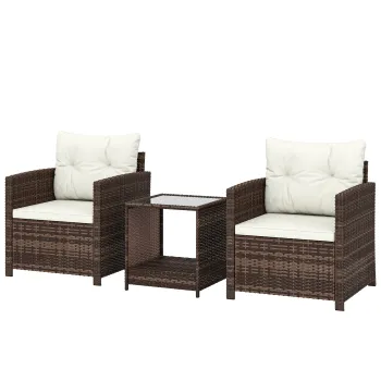 Outsunny Set Bistro pentru Exterior 3 Piese din Ratan cu Masuta pe 2 Niveluri, Perne pentru Balcon si Terasa, Maro si Crem | Aosom Romania imagine