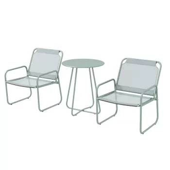 Outsunny Set bistro pentru exterior din 3 piese, Masa de gradina si scaune pentru terasa cu tesatura din plasa care permite trecerea aerului, Fotolii, Masuta de cafea rotunda cu blat metalic, Verde imagine