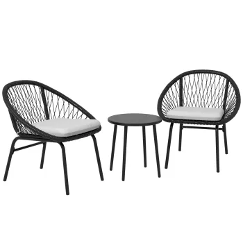 Outsunny Set Bistro pentru Terasa din 3 Piese, Set cu Perne Moi pentru Sezut, Set de Mobilier din Rachita, Negru imagine