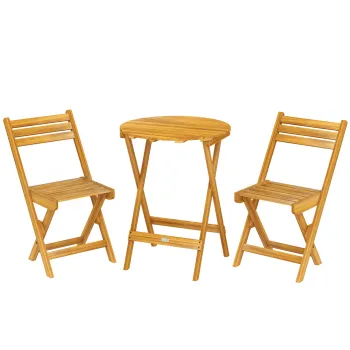 Outsunny Set bistro pliant 3 piese din lemn de acacia cu masa rotunda si 2 scaune, fara asamblare, 60x60x75cm, Natural | Aosom Romania imagine
