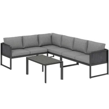 Outsunny Set canapea coltar de gradina din metal, 3 fotolii, masuta cu efect lemn, gri inchis | Aosom Romania imagine