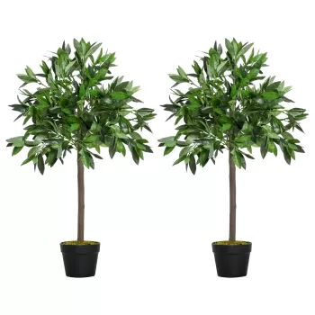 Outsunny Set de 2 Arbori de Dafin in Ghiveci, Plante Artificiale din Plastic Inaltime 90cm pentru Interior si Exterior, Plante Artificiale Decorative imagine