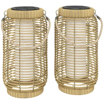 Outsunny Set de 2 Lampadare Exterioare Solare din Rasina Impletita, Lumina LED de Gradina din Otel, Pornire/Oprire Automata Bej nisip | Aosom Romania imagine