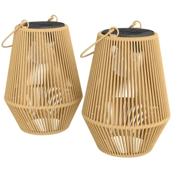 Outsunny Set de 2 lanterne solare suspendate pentru exterior, lampi de gradina din rasina impletita cu aprindere automata, maro | Aosom Romania imagine