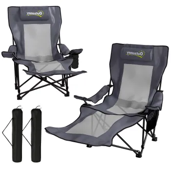 Outsunny Set de 2 scaune camping pliabile, scaun pescuit cu spatar reglabil, suport picioare, suport bauturi, perna cap, Gri inchis | Aosom Romania imagine
