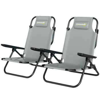 Outsunny Set de 2 Scaune de Camping Portabile, Plaja Pliabile, Spatar Reglabil, Gri Deschis. | Aosom Romania imagine