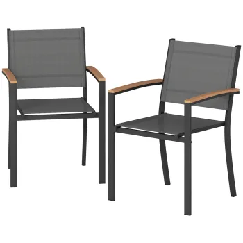 Outsunny Set de 2 scaune de gradina stivuibile din metal si textilena, brate din WPC, spatar inalt, 56x62x89cm, gri | Aosom Romania imagine