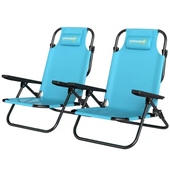 Outsunny Set de 2 scaune de plaja pliabile cu 5 pozitii, cu spatar, tetiera si cotiere, 63x75x80cm, Albastru deschis | Aosom Romania imagine