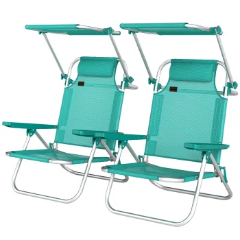 Outsunny Set de 2 scaune de plaja pliabile cu copertina reglabila spatar rabatabil in 6 pozitii tetiera turcoaz | Aosom Romania imagine