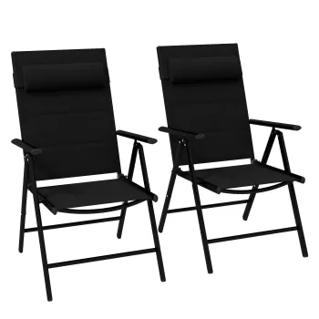 Outsunny Set de 2 scaune pliabile rabatabile pentru terasa cu spatar ajustabil, Scaune pentru servit masa din aluminiu, spatar si tetiera capitonata cu material tip plasa, pentru exterior, Negru imagine