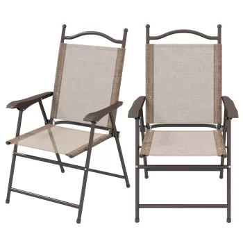 Outsunny Set de 2 scaune pliabile, Scaune pentru gradina cu cotiera, sezut cu tesatura din plasa care permite trecerea aerului, Scaune sport pentru terasa, camping pentru adulti, Maro imagine